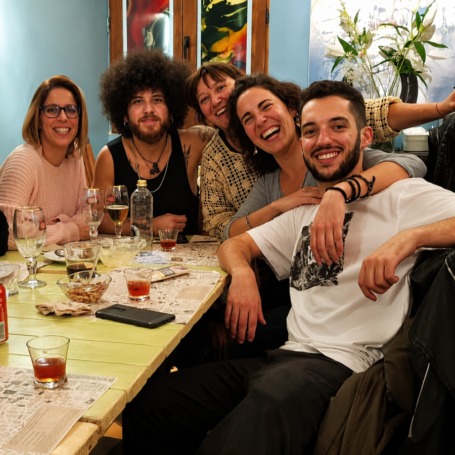 grupo-de-amigos-comiendo Grupo de amigos celebrando un encuentro al mediodía
